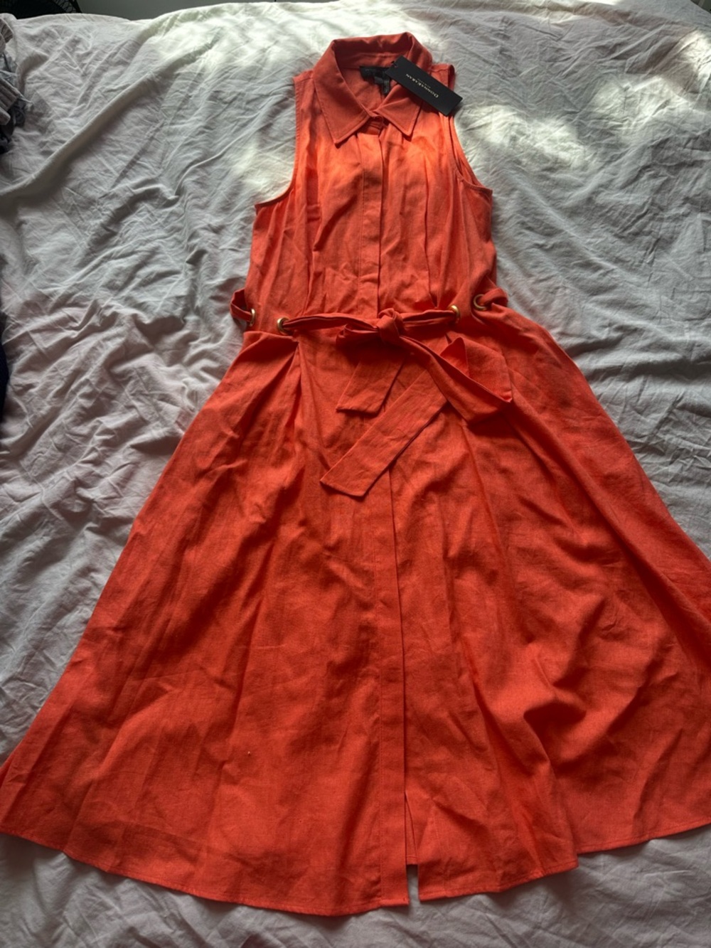 Donna Karan New York Orange Linen Belted Shirt Dress Midi Size 12 - Picture 2 of 15